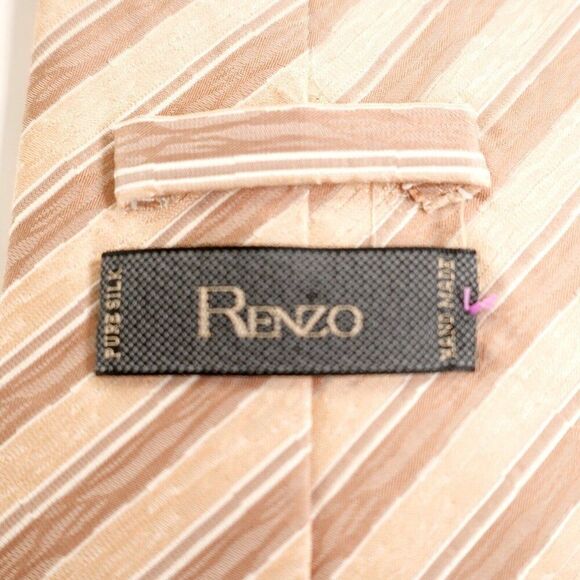 Renzo Tan Woven Long Striped Wide Silk Tie - Picture 3 of 6